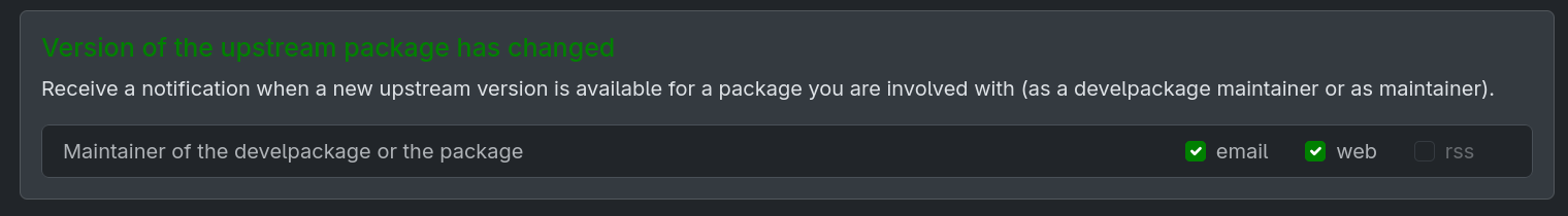 Screenshot of the Version Tracking notifications subscription