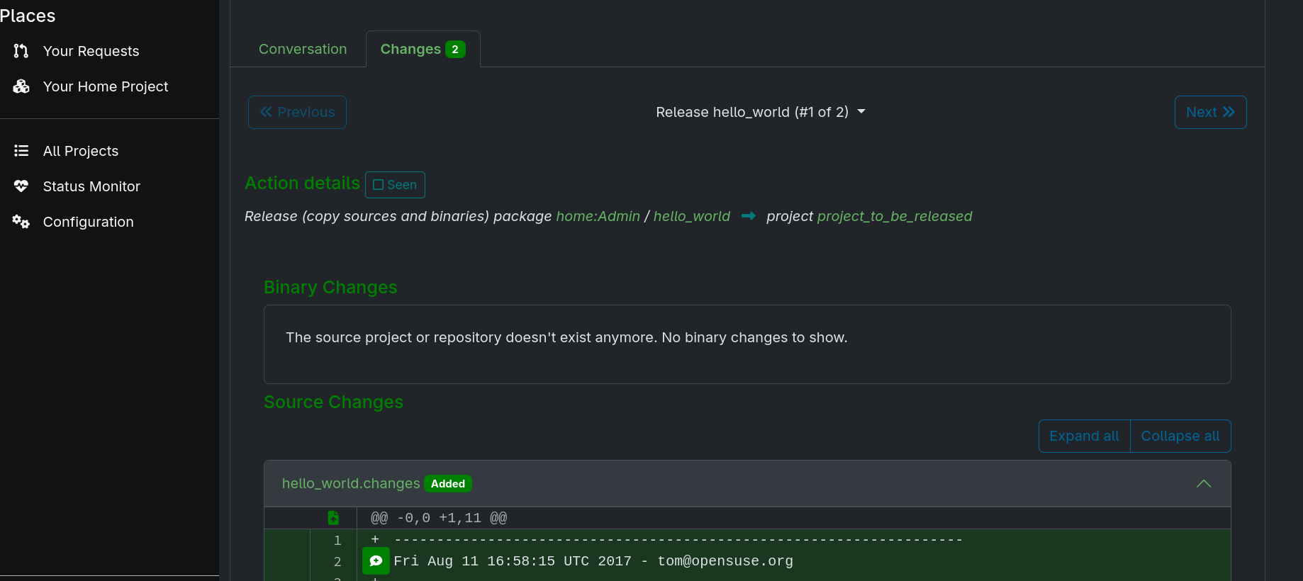 Meaningful content for release actions in the changes tab